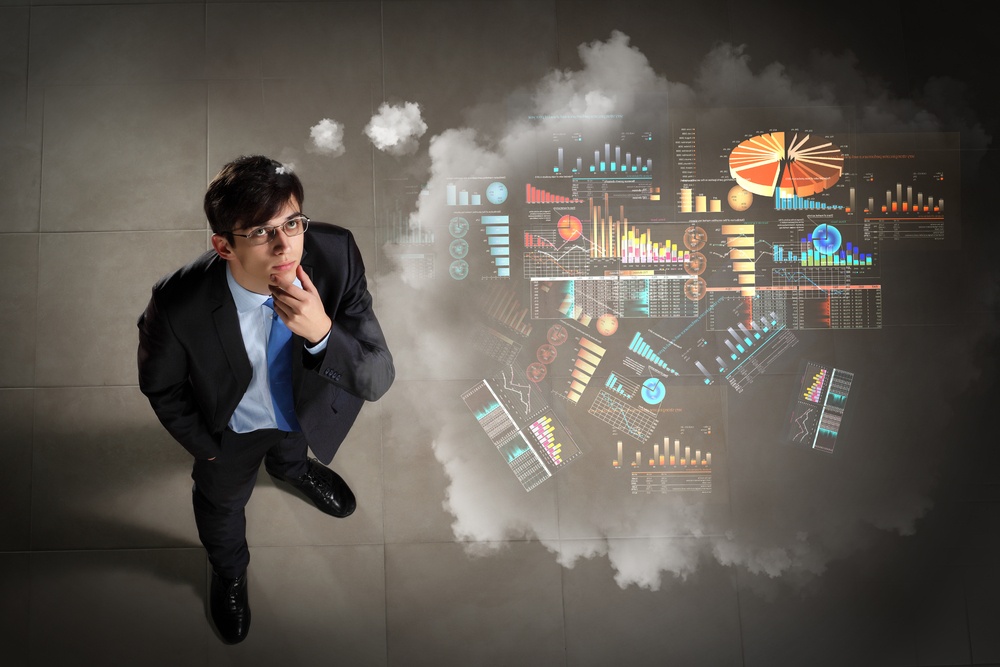 Top view of young businessman making decision diagram in air